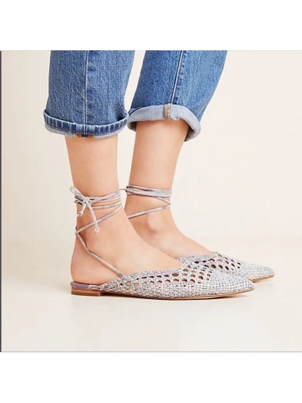 Anthropologie Minghui Woven Leather Pointed-Toe Lace-Up Flats